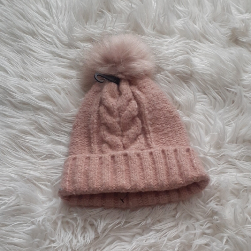 Express Dusty Pink Cable Knit Pom Pom Beanie